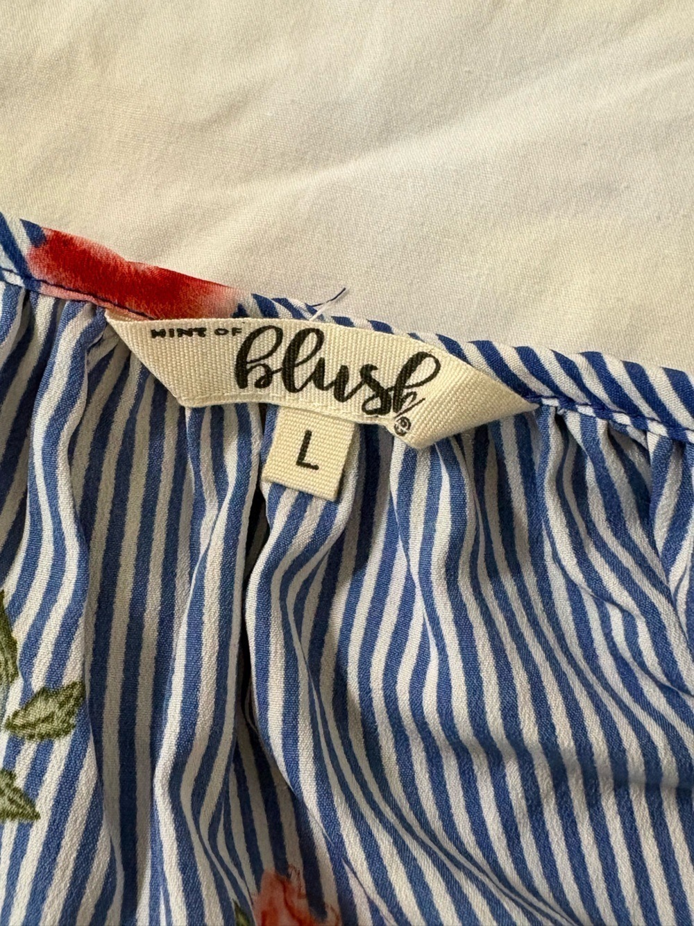 Hint of Blush Blue White Stripe Floral Cold Shoulder Ruffle Dress Size Large NWT - Picture 11 of 11